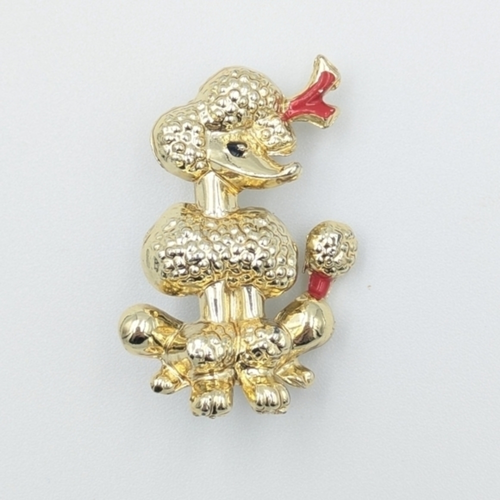 5/25$  Vintage Poodle Dog Brooch Gold tone With Red Enameled Bow Pin Brooch